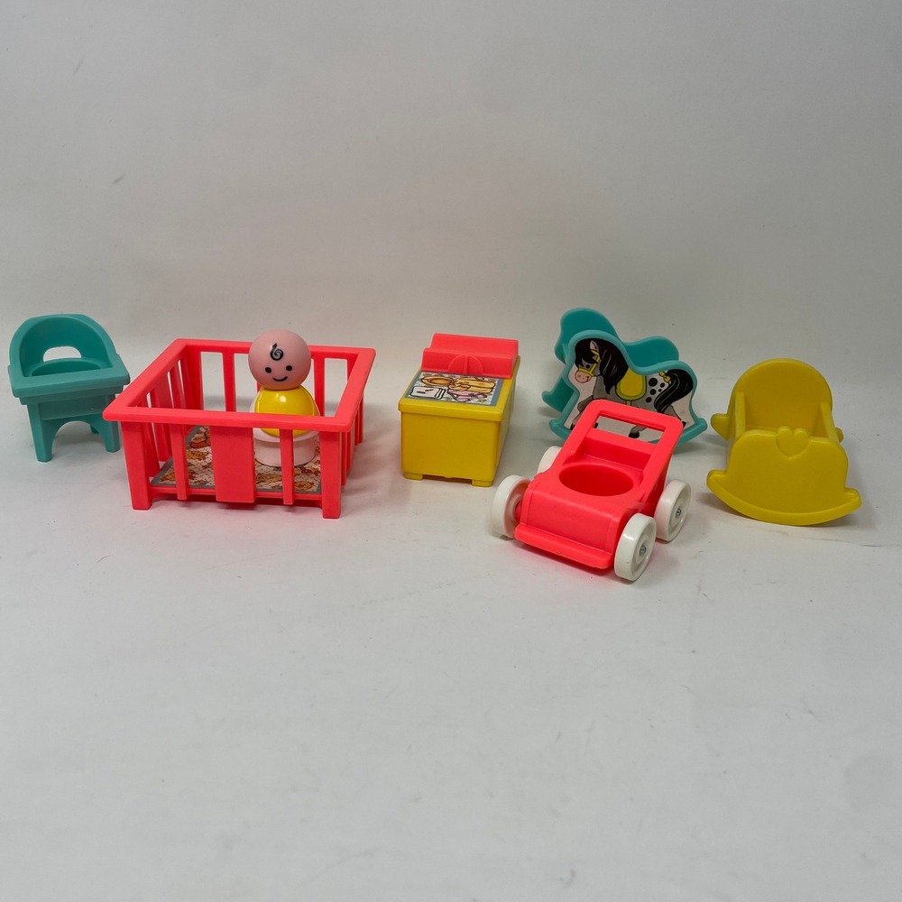 Vintage 1972 Fisher Price Little People Nursery Furniture Set Crib Stroller Baby